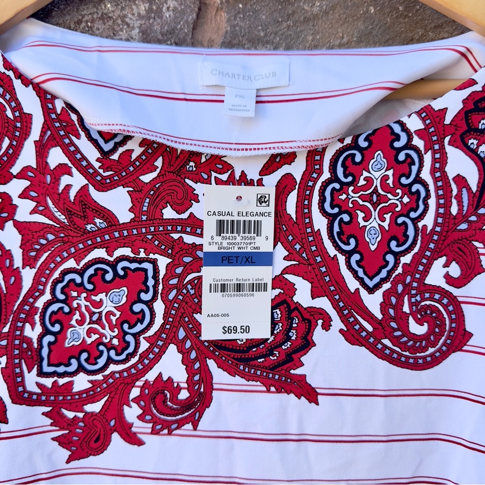 Charter Club Petite XL Boatneck 3/4 Sleeve Top Red White Stripe Paisley NWT - Picture 8 of 12